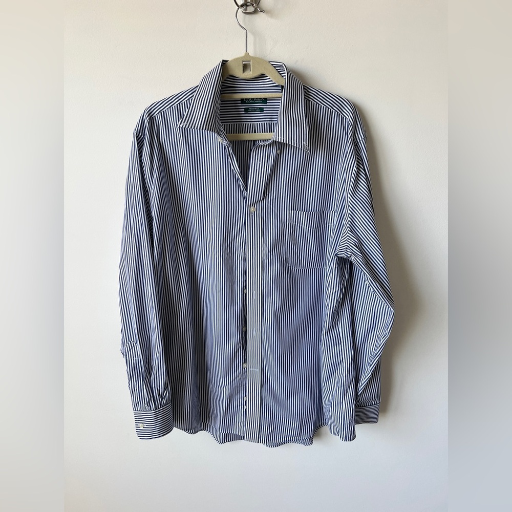 Lauren Ralph Lauren Blue White Striped Button Down Shirt Stretch Cotton XL
